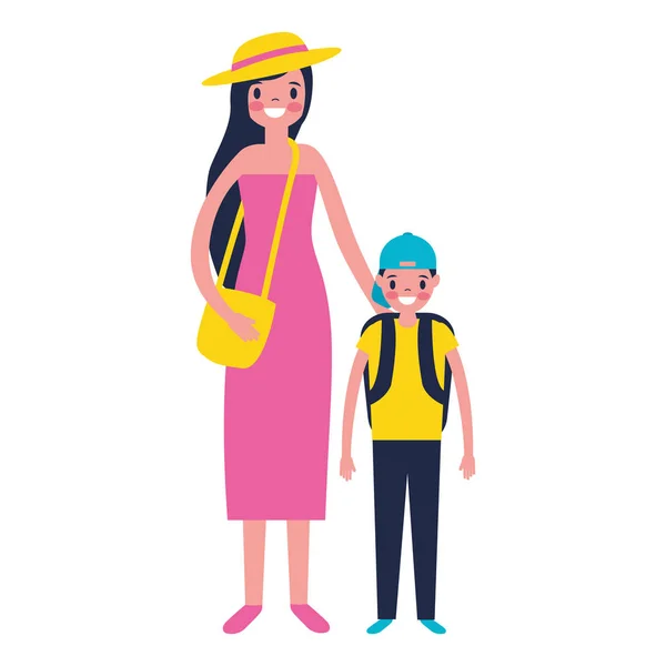 Turista madre e hijo con maleta — Vector de stock