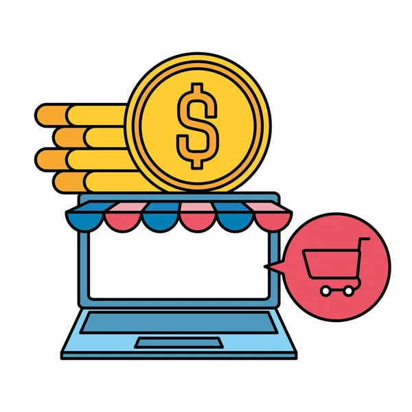 Laptop computer with coins and shopping cart — Stock Vector