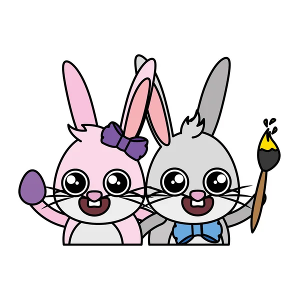 Beau couple de lapins avec œuf et pinceau — Image vectorielle