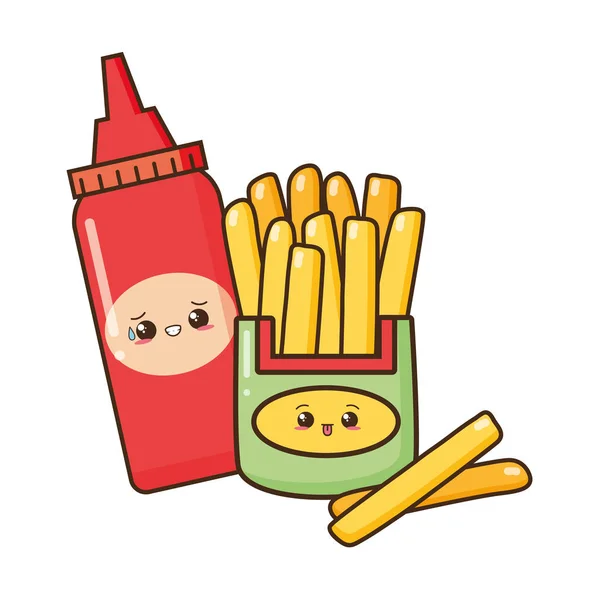Kawaii desenhos animados batatas fritas e ketchup — Vetor de Stock