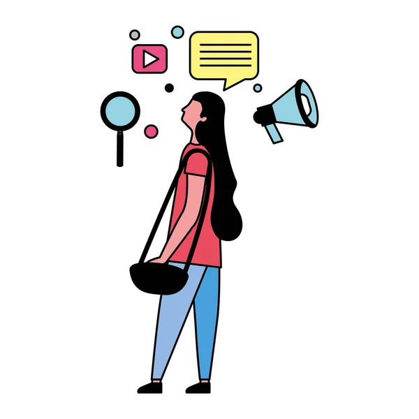 Mujer con iconos de redes sociales — Vector de stock