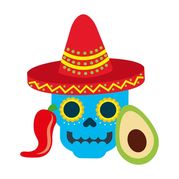 Mexická lebka s kloboukem avokádem a chilli papriček — Stockový vektor