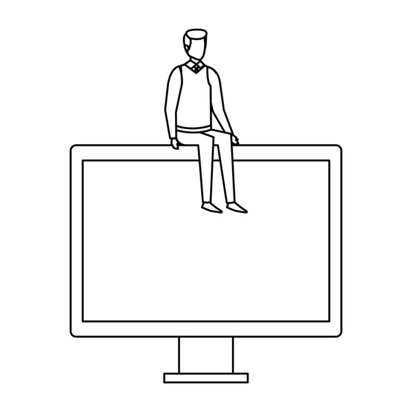 Елегантний бізнесмен сидить на дисплеї комп'ютера — стоковий вектор