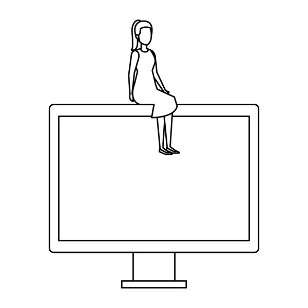 Élégante femme d'affaires assis dans l'affichage de l'ordinateur — Image vectorielle