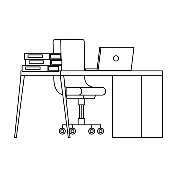 Mesa de escritório e cadeira com laptop —  Vetores de Stock
