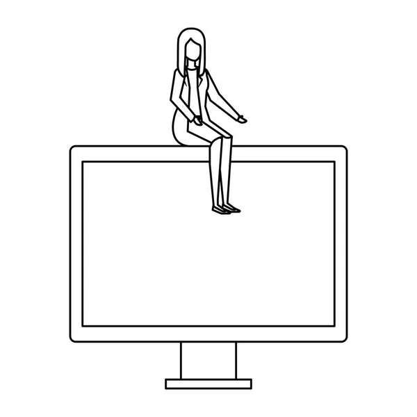 Елегантна бізнес-леді, що сидить на дисплеї комп'ютера — стоковий вектор