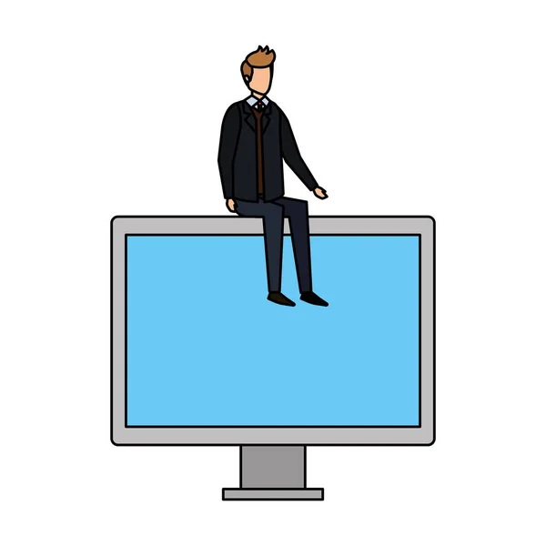 Elegant affärsman sitter i datorskärm — Stock vektor
