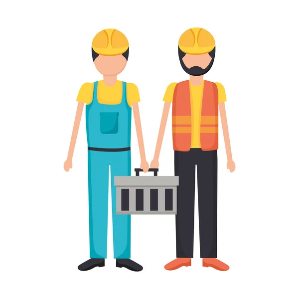 Trabajadores de la construcción con kit de herramientas — Vector de stock