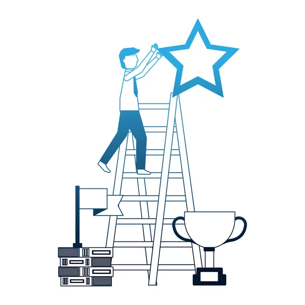 Uomo d'affari sulle scale con stella trofeo e bandiera — Vettoriale Stock