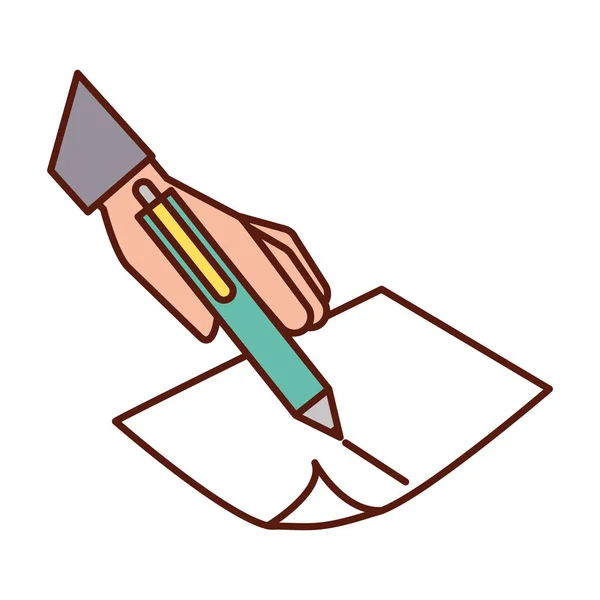 Mão segurando caneta escrita em papel — Vetor de Stock