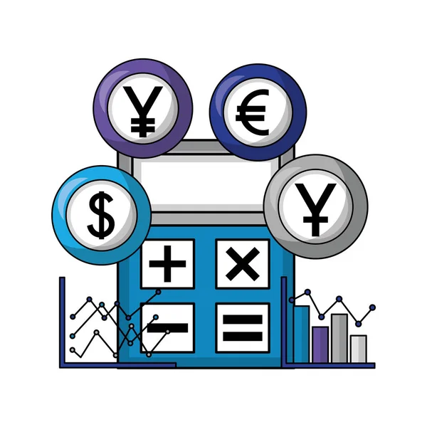 Diagramas de calculadora de negócios moedas de gráfico dinheiro —  Vetores de Stock