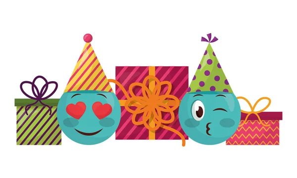 Emojis kawaii con sombrero de fiesta y cajas de regalo presentes — Vector de stock