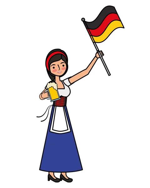 Bavarese donna in possesso di birra e bandiera tedesca — Vettoriale Stock