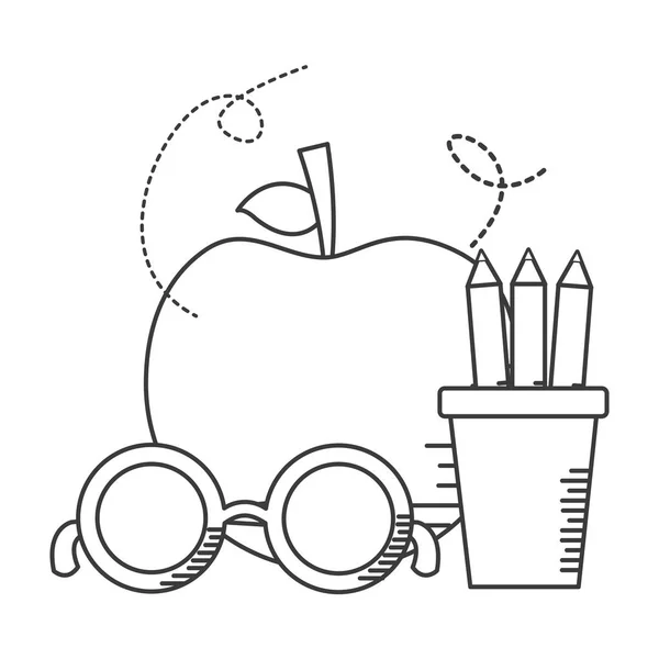Lápices de manzana anteojos útiles escolares — Archivo Imágenes Vectoriales