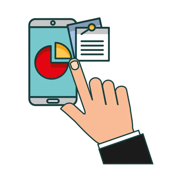 Main toucher smartphone graphique tarte note bureau — Image vectorielle
