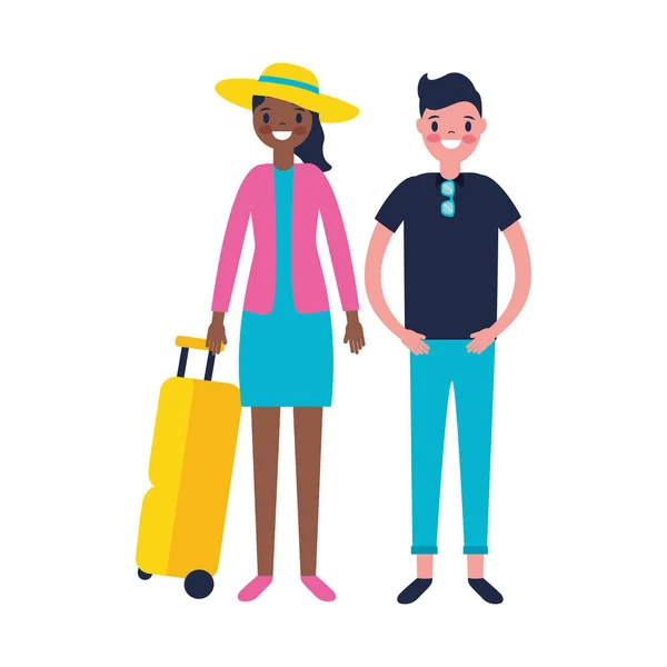 Pareja de turistas con bolsa y cámara — Vector de stock