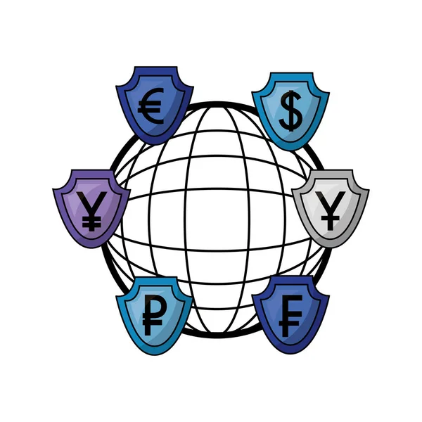 Escudos con símbolo de monedas criptográficas y esfera — Archivo Imágenes Vectoriales