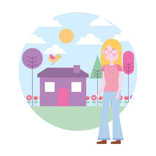 Woman standing near house garden landscape — Stock Vector