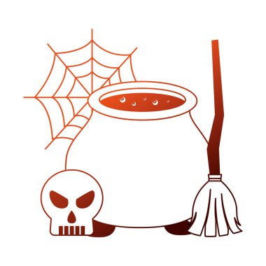 süpürge cadı ve kafatası ile halloween kazan