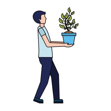 adam saksıda bitki tutan