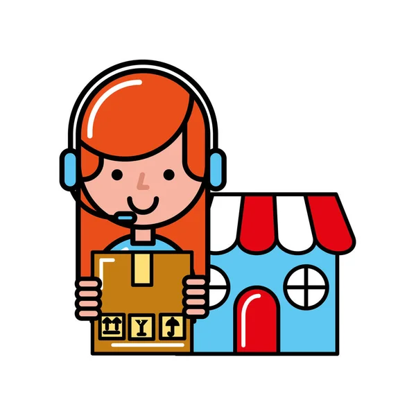 Operator dziewczynka rynek karton online zakupy — Wektor stockowy