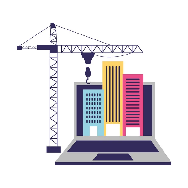 Architecture buildings crane on laptop — Stock Vector