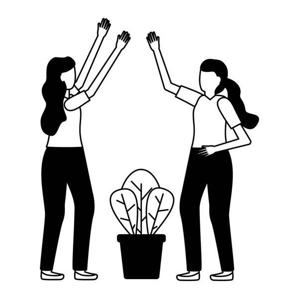 Two woman with potted plant — Stock Vector