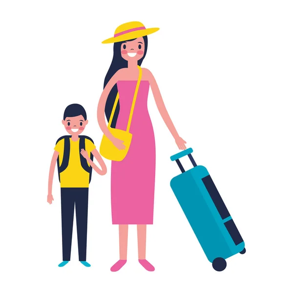 Τουρίστας μητέρα και γιός με βαλίτσα — Διανυσματικό Αρχείο