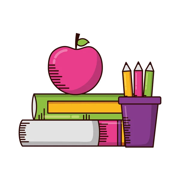 Libros lápices de manzana útiles escolares — Vector de stock