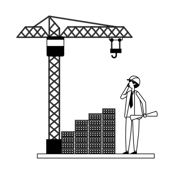 Architect met blauwdrukken bakstenen muur kraan — Stockvector