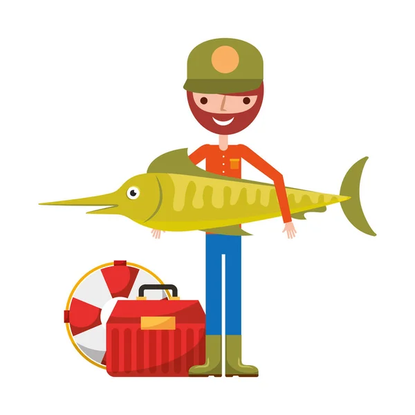 Pescador segurando bóia salva-vidas de espadarte e caixa — Vetor de Stock