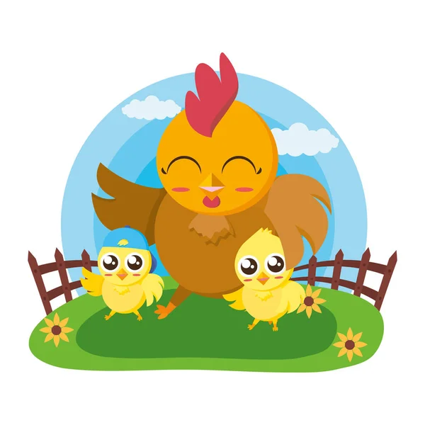 Cute hen and chicks — Stock Vector