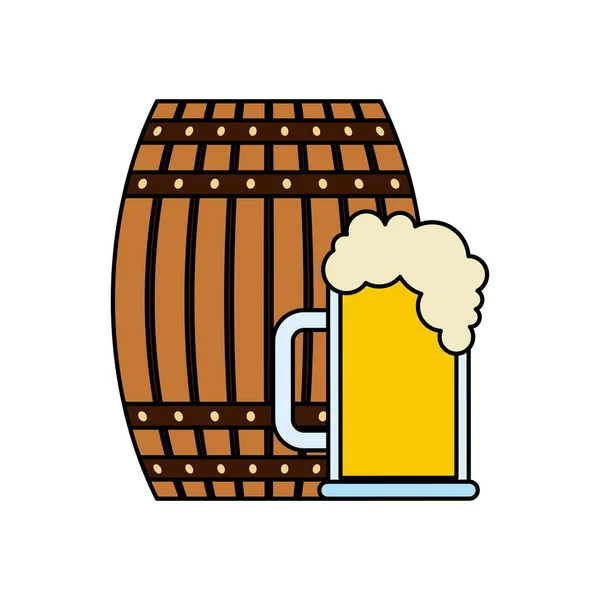 Barril de madeira de cerveja e copo de vidro — Vetor de Stock
