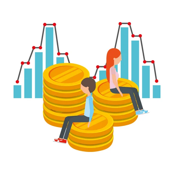 Persone con monete moneta e statistiche — Vettoriale Stock