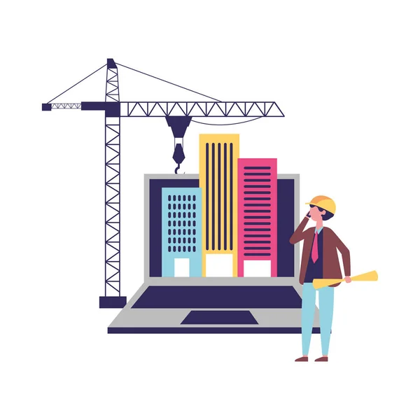 Architect with blueprints laptop buildings crane — Stock Vector