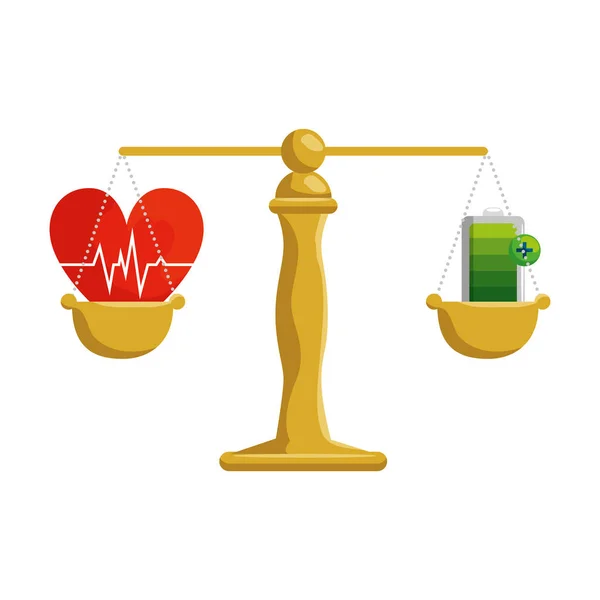 Equilíbrio justiça com coração cardio e bateria de energia —  Vetores de Stock