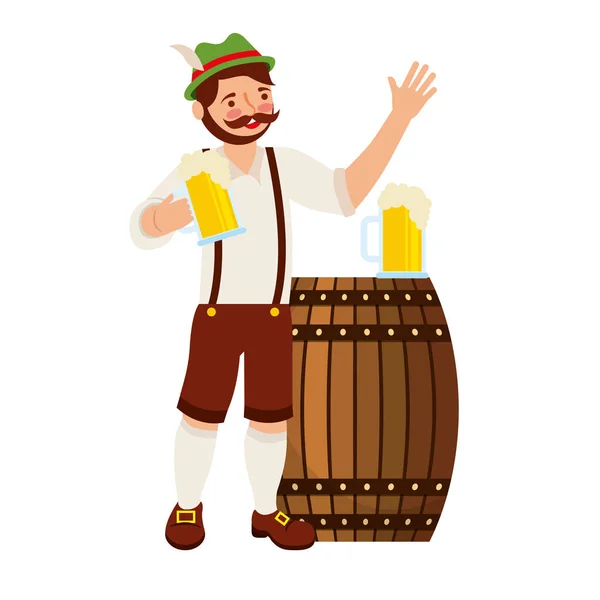 Homem bávaro segurando cervejas de vidro e barril —  Vetores de Stock