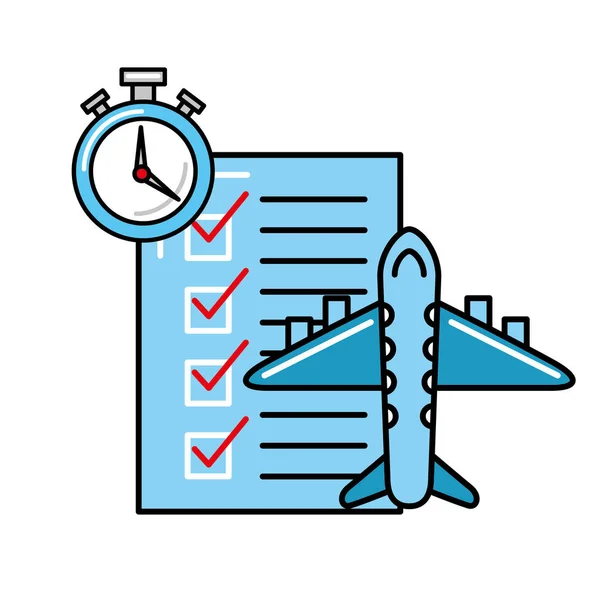 Compras en línea logística avión lista de verificación reloj — Vector de stock