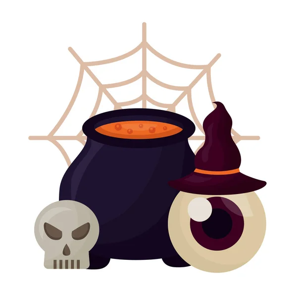 Caldero de Halloween con cráneo e iconos establecidos — Vector de stock