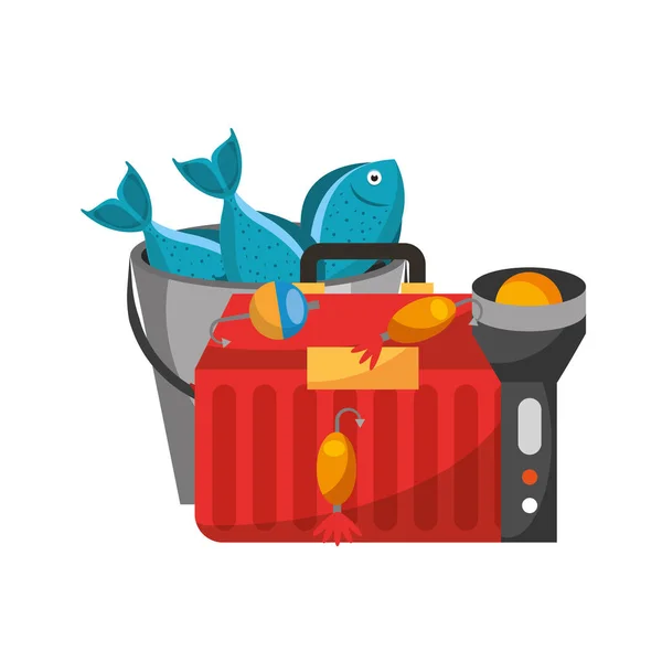 钓鱼设备灯笼桶鱼和盒子 — 图库矢量图片