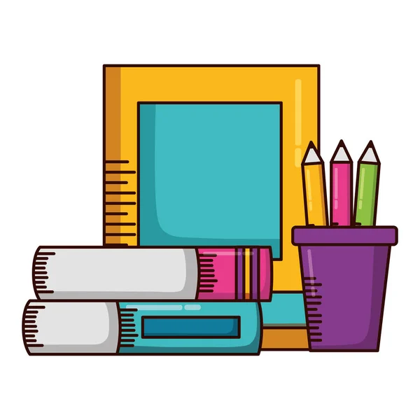 Livros lápis de cor material escolar — Vetor de Stock