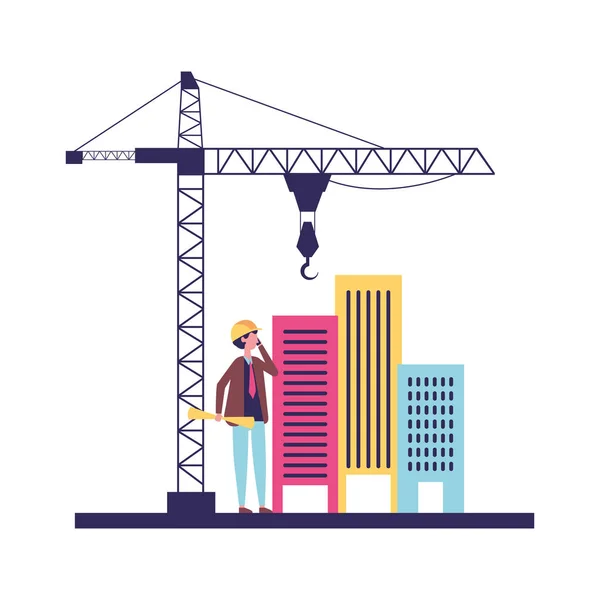 Architect with blueprints buildings crane outdoors — Stock Vector