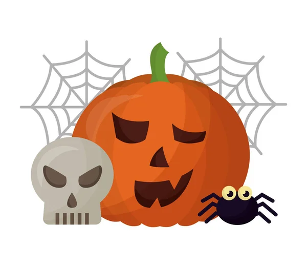 Halloween pumpa med spindel och set ikoner — Stock vektor
