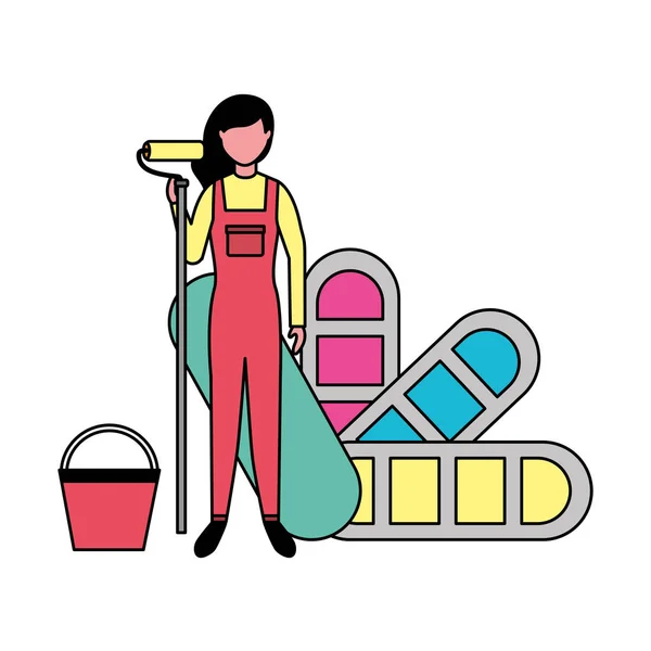 Επισκευή γυναίκα με κύλινδρο χρώμα παλέτα χρωμάτων — Διανυσματικό Αρχείο