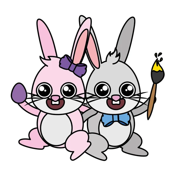 Красивые кролики пара с яйцом и кистью — стоковый вектор