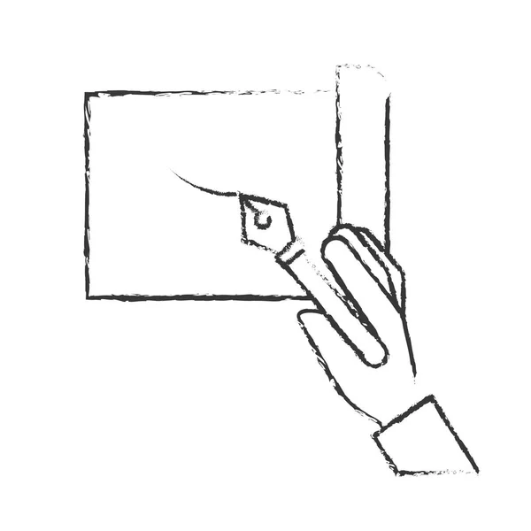Ręka trzyma pióro rysowane na arkuszu — Wektor stockowy