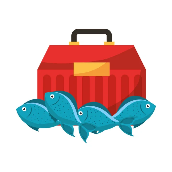 Boîte et poissons équipement de pêche passe-temps — Image vectorielle