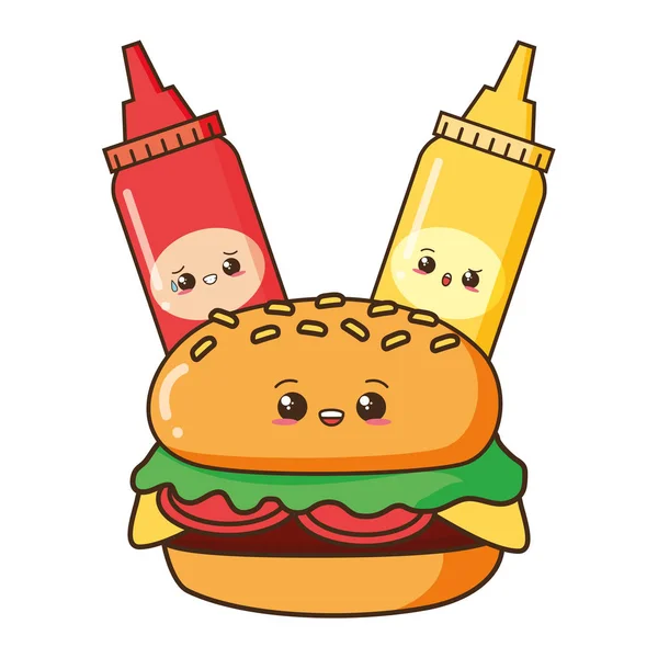 Kawaii karikatür burger soslar — Stok Vektör