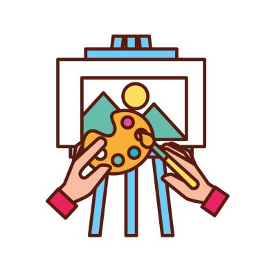 eller renk paleti ve tahta üzerinde fırça ile boyama