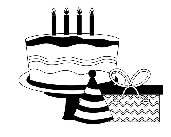 Şapka parti ve hediye kutusu mevcut tatlı pasta — Stok Vektör